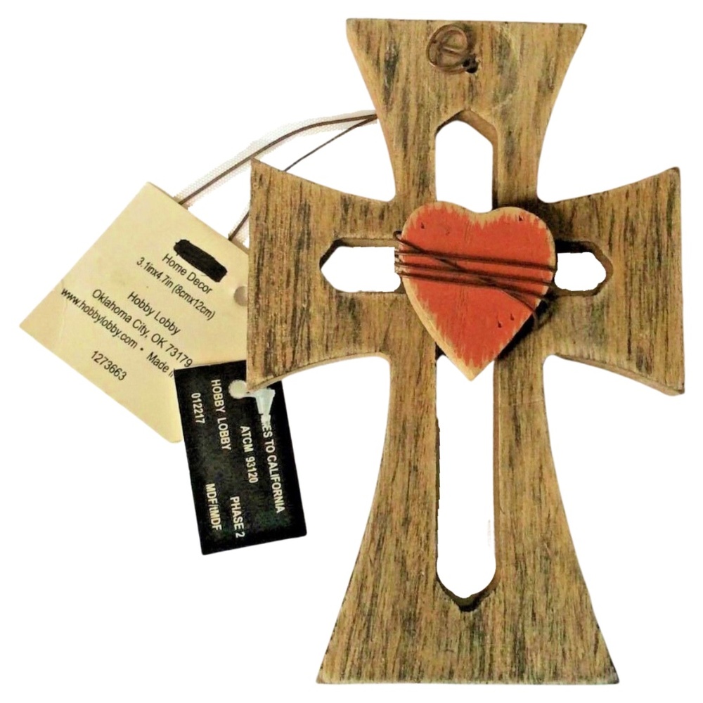🖤 Hobby Lobby Wood Cross Red Heart Wire 5x3 Inches Wall Plaque Religious Jesus